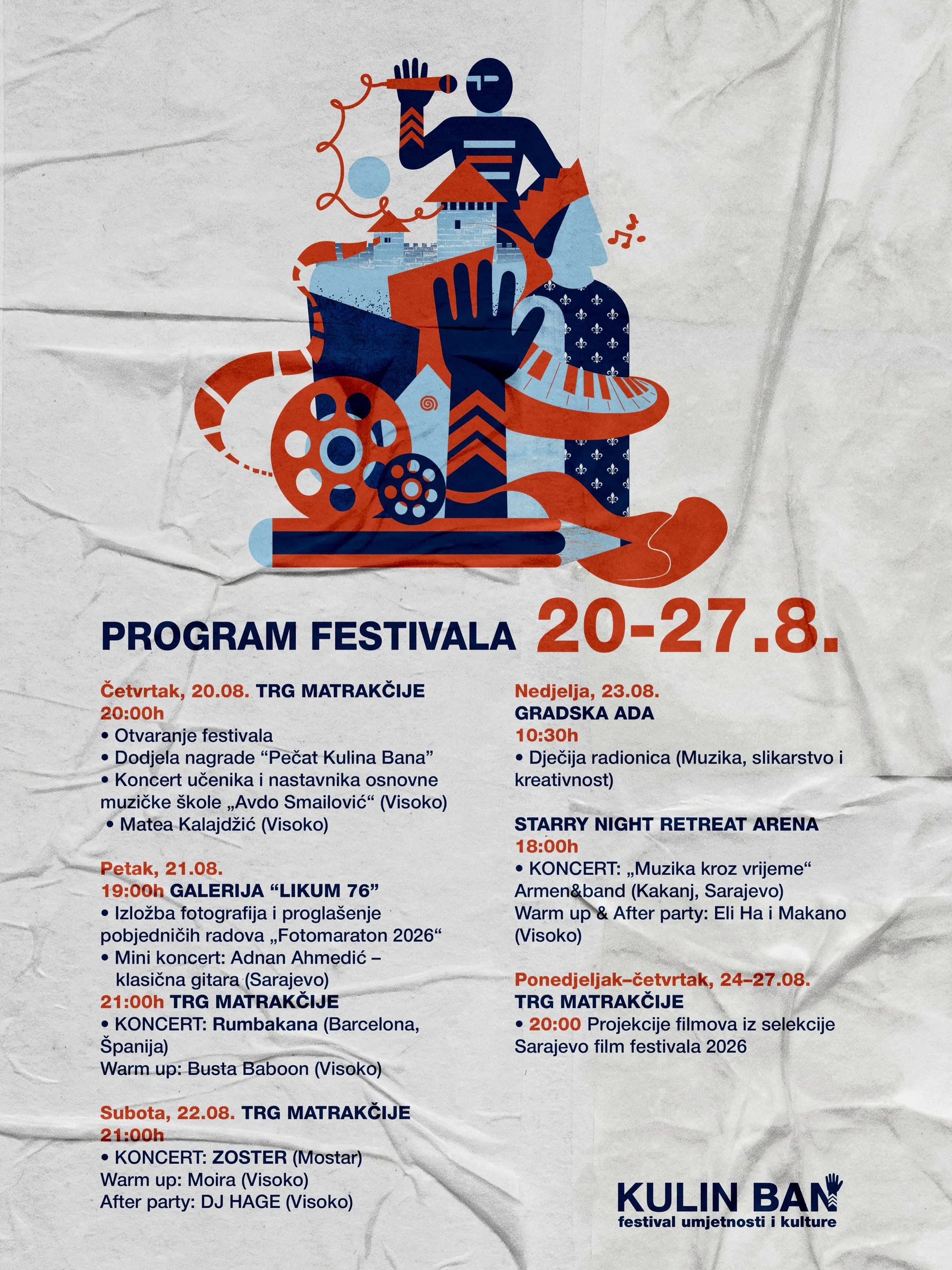 Plakat Kulin Bana sa detaljnim programskim rasporedom i ilustrovanim likovima u tamnoplavoj i narančastoj paleti.