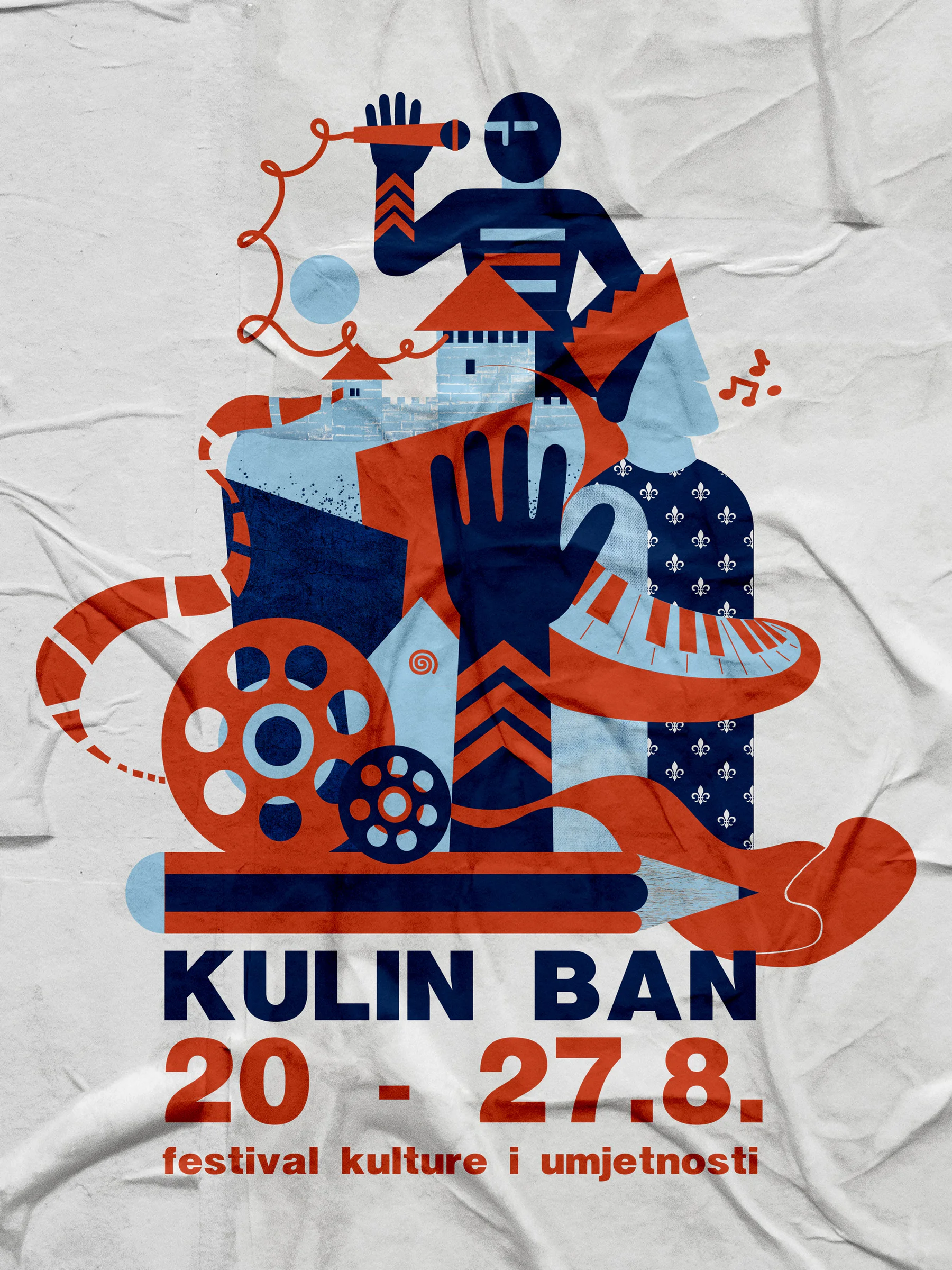 Plakat Kulin Bana: festival kulture i umjetnosti 20–27. 8. sa ilustracijom u tamnoplavoj i narančastoj boji.